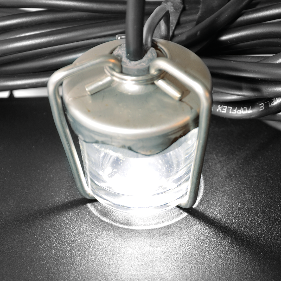 Richiamo luminoso per Totani e Calamari, lampada da pesca con struttura impermeabile e led ad alta intensità di luce. Accessorio da pesca indispensabile per la pesca di molluschi come Totani e Calamari, sia nelle tecniche di pesca a traina, a scarroccio o ancorati pescando a spinning. La lampada richiamo luminoso è fornita con cavo di 6 metri e morsetti per il collegamento alla batteria. La potenza del led luminoso è di 1800 Lumens.