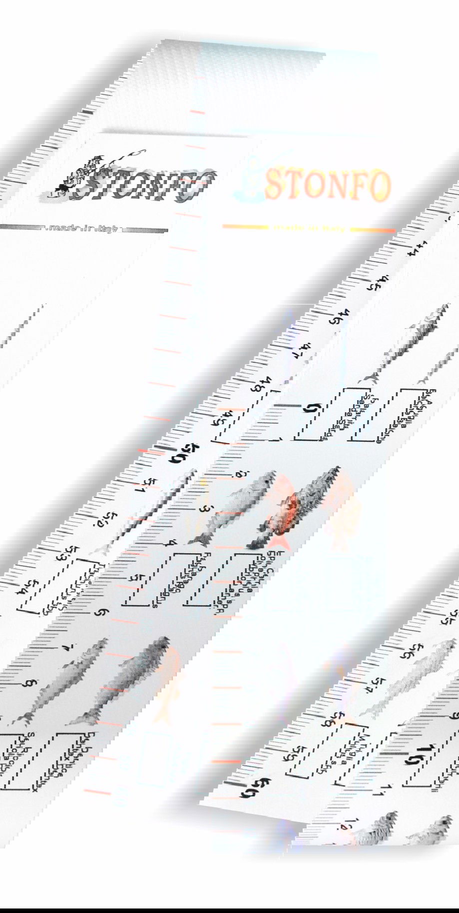 Nastro impermeabile centimetrato misura-pesci. Sul nastro ci sono raffigurati molti pesci accanto ai quali è possibile annotare la misura minima ammessa. La confezione contiene inoltre adesivo con tabella misure minime per l’Italia. Lunghezza del nastro cm 60.
Busta da 1 pezzo, confezione da 10 buste.